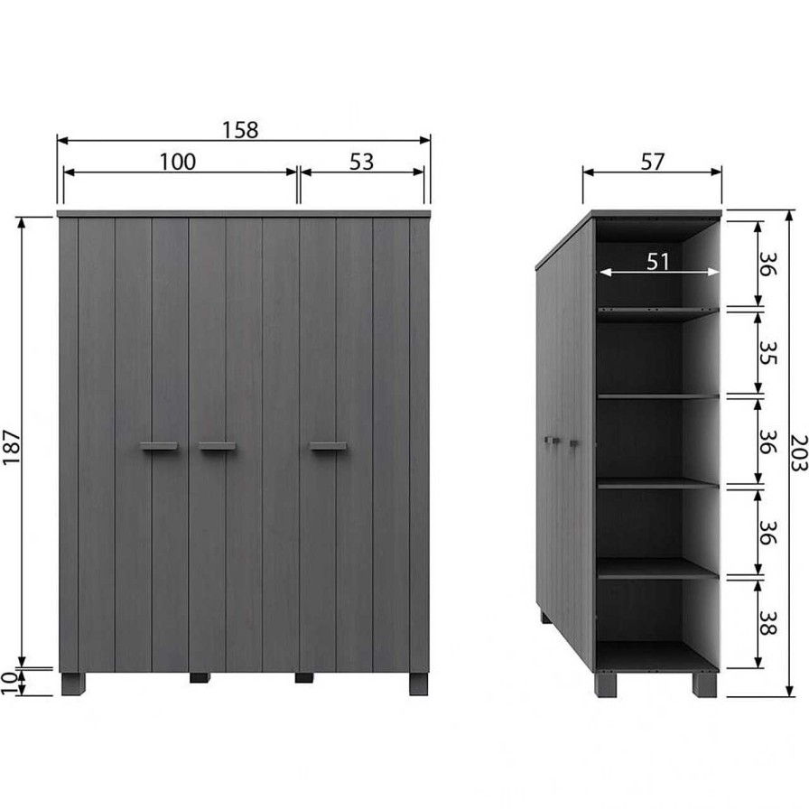 mutoni living Schrank Dennis 3 Turen Ledergriffe Kiefer Stahlgrau | Kleiderschranke